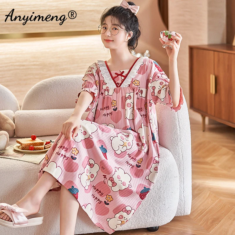 New Summer Kawaii Bear Printing Women Nightdress Close Skin Breathe Freely Homedress M-3XL Soft Cotton Loose Woman Nightgowns