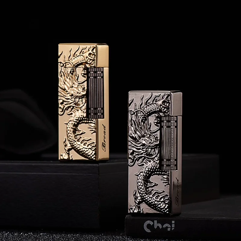 Grinding Wheel Side Slide Tilt Flame Butane Gas Lighter High Quality Metal Embossed Open Flame Lighters Cigarette Accessories