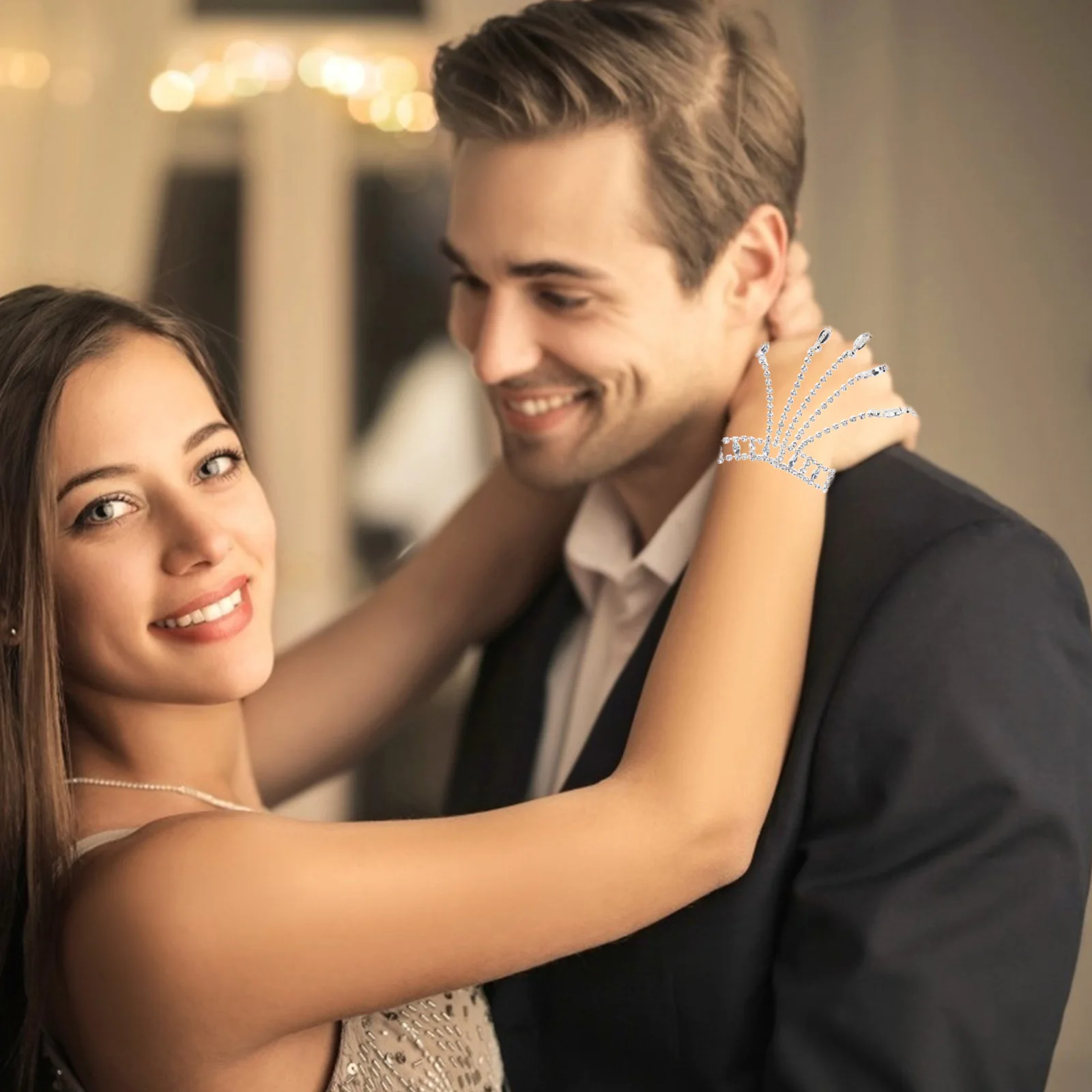 

Rhinestone Chain Bracelet For Women Elegant Hand Jewelry Adjustable Ring Cuff Wrist Accessory Silver Alloy Hand Chain