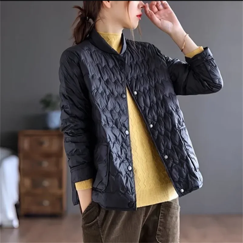 

Down Cotton Jackets For Women Coats Lightweight Short Outwear Autumn Round Neck Pocket Coat Loose Concealed Buckle Cotton Jacket
