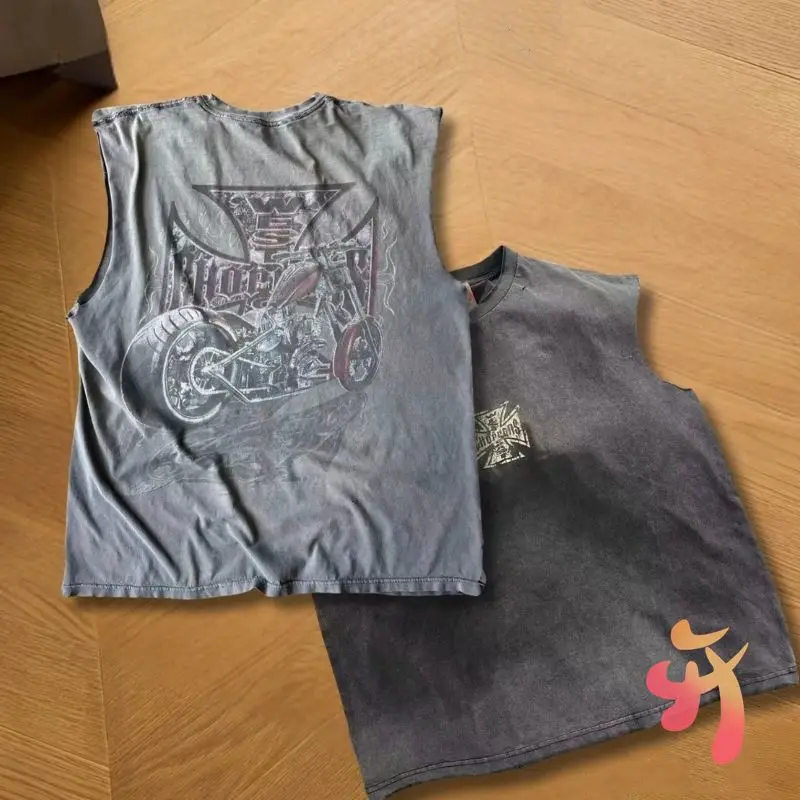 American Street West Coast Choppers Sleeveless Vintage Skeleton Cross Washed Outdated Cut Sleeve T-shirt Tank Top Men Women Vest