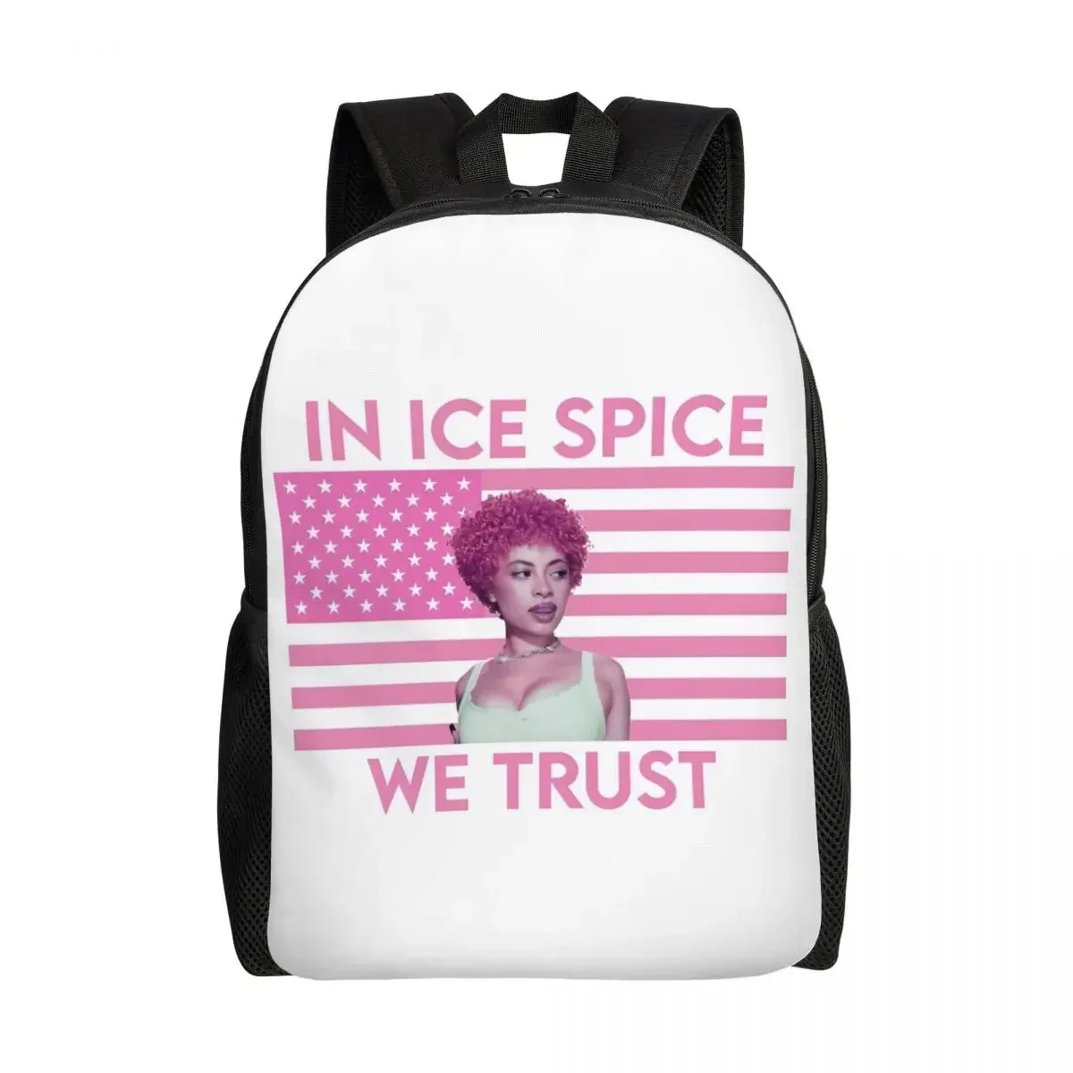 

Custom Pink In Ice Spice We Trust Flag Backpack for Women Men School College Students Bookbag Fits 15 Inch Laptop Bags