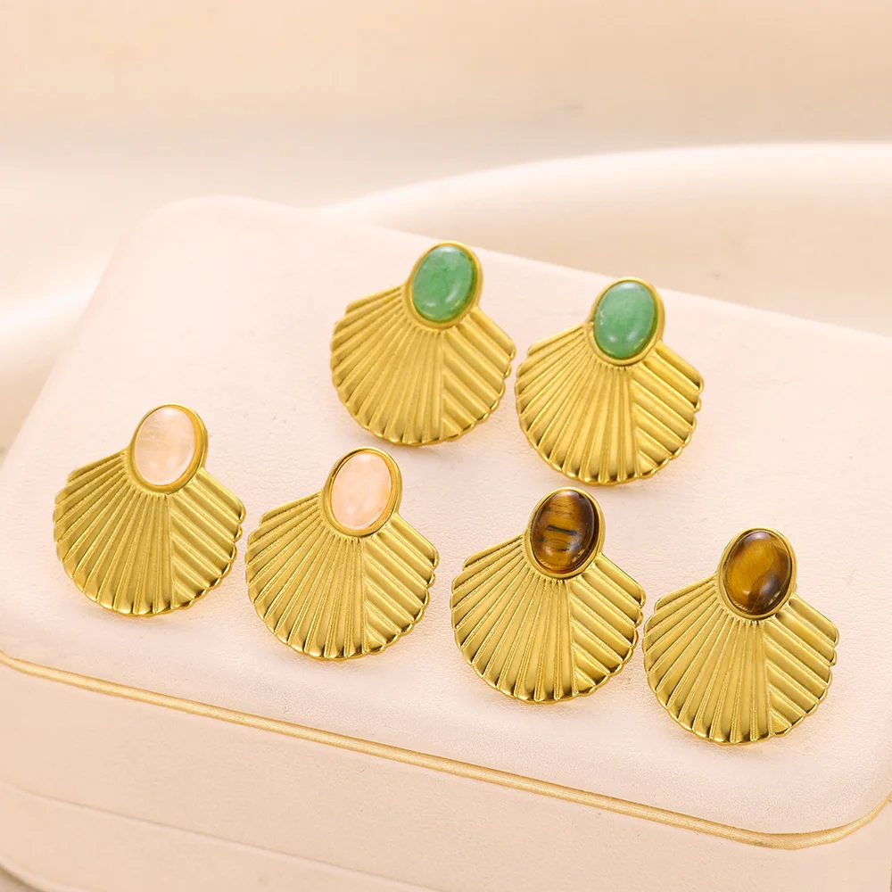 Stainless Steel Shell Fan-Shaped Stud Earrings For Women Irregular Oval Stone Earring Vintage Charm Gold Color Jewelry Gifts