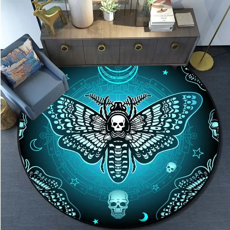 Death Moth Round Carpet Gothic Skull Round Floor Mat Butterfly Moon Living Room Carpets Bathroom Kitchen Area Rug Doormat Decor