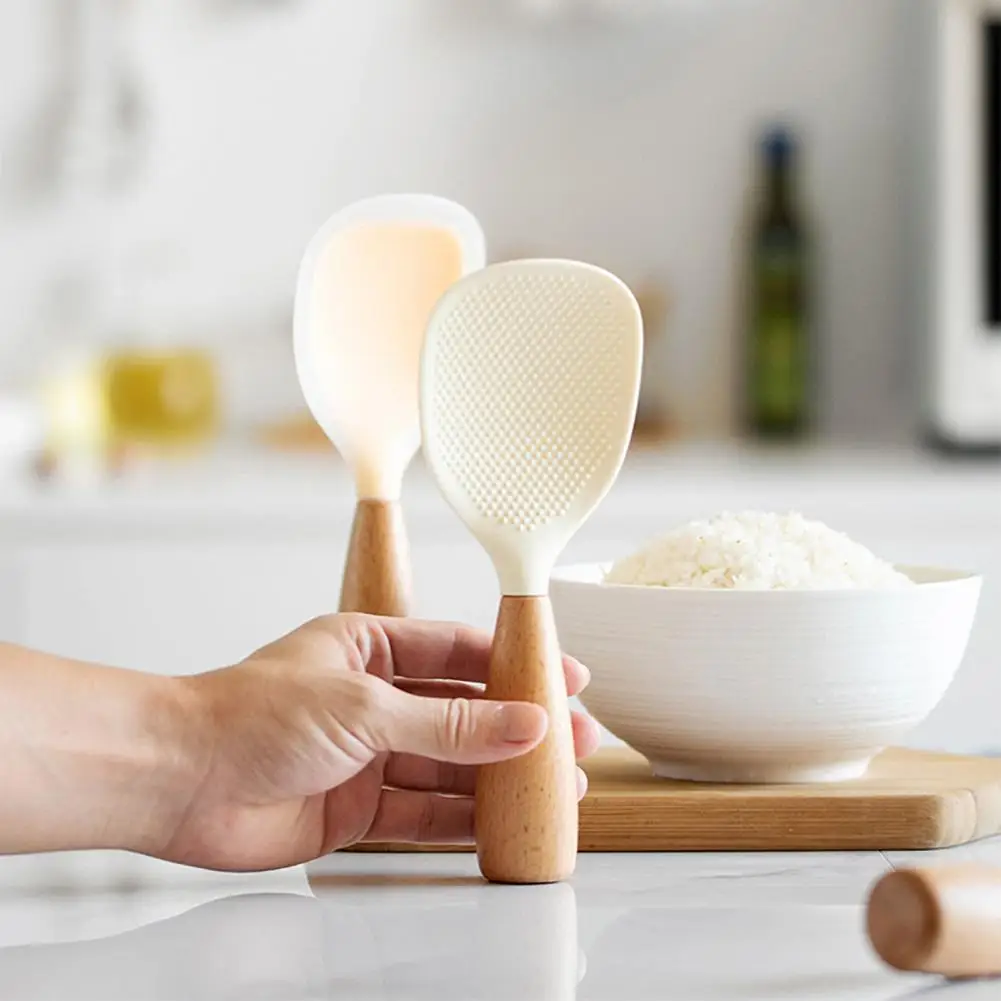 Rice Spoon with Wooden Handle Non-deforming Rice Spoon Non-stick Silicone Rice Scoop with Wooden Handle Anti-scalding for Home