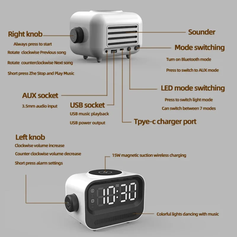 Imagem -06 - Alto-falante Portátil Bluetooth Carregador sem Fio com Luz e Relógio para Cabeceira Mesa Player Multifuncional Novo Produto 15w 2023