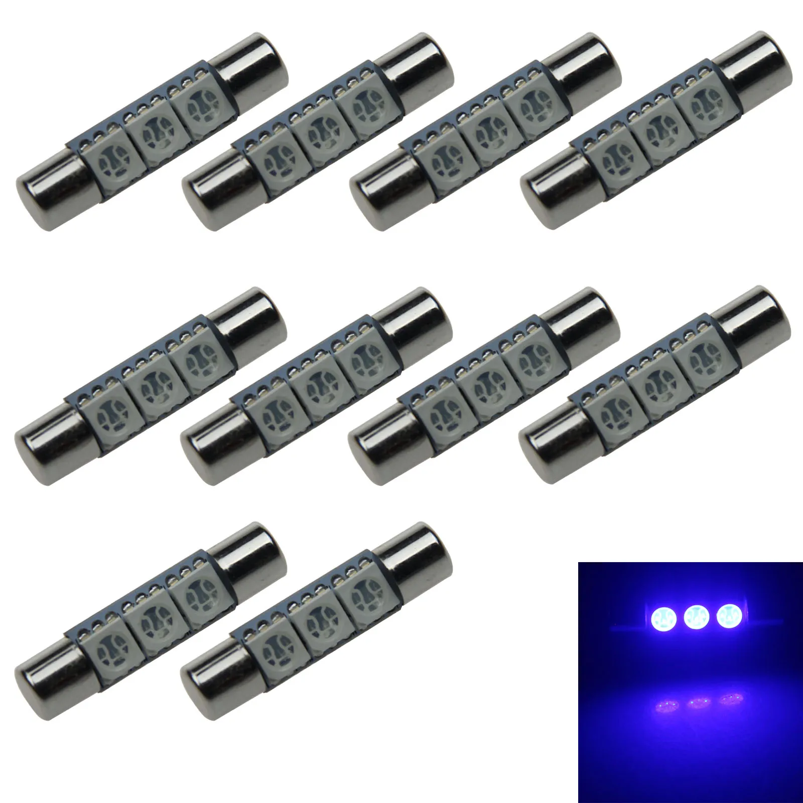 10x Blue Car T6.3 Fuse Light Sun Visor Blub 29MM 3 Emitters 5050 SMD LED 6614 6614F Z21205