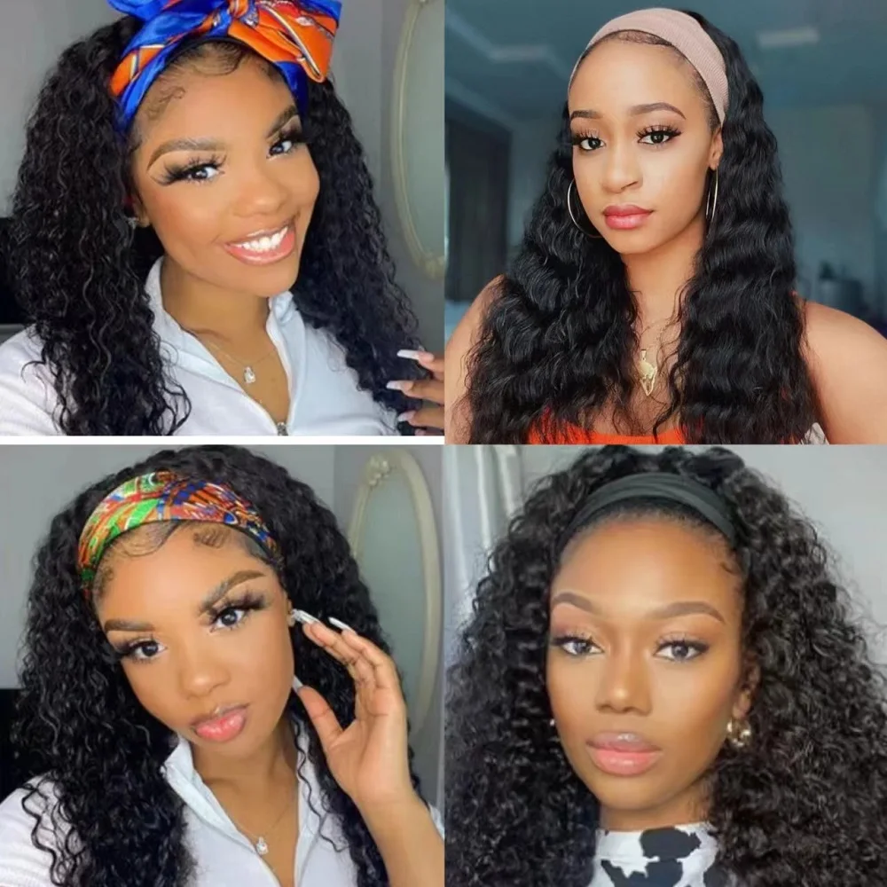 Headband Wigs Human Hair For Women Water Wave Brazilian Curly Human Hair Wig Full Machine Made Curly Wigs 10-24 Inch Lazy Girls