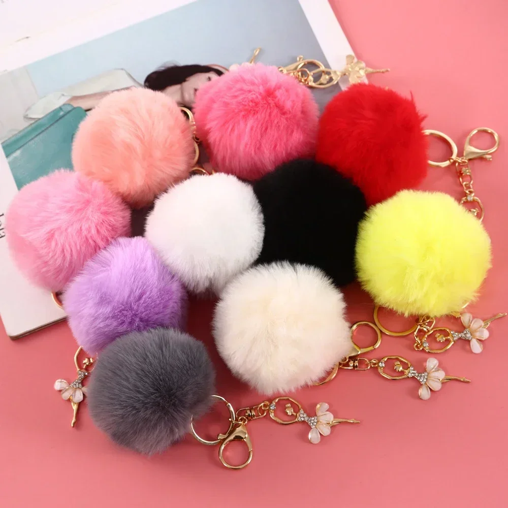 Cute Fluffy Pompom Keychain Rhinestone Ballet Dancer Keyrings Handbag Pendant Accessorie Car Motorcycle Trinket Waist Buckle