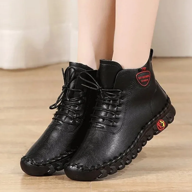 High Top Boots Women Leather Casual Shoes Women\'s Waterproof Snow Boots Fur Thick Ladies Shoe Hand Sewing Slip on Solid Sneakers