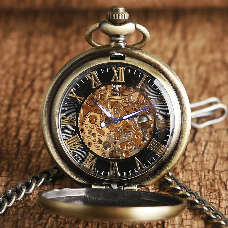 Bronze Hand-wind Mechanical Pocket Watch for Men Women Hollow Phoenix Design Roman Numeral Dial with Pendant Chain Clock