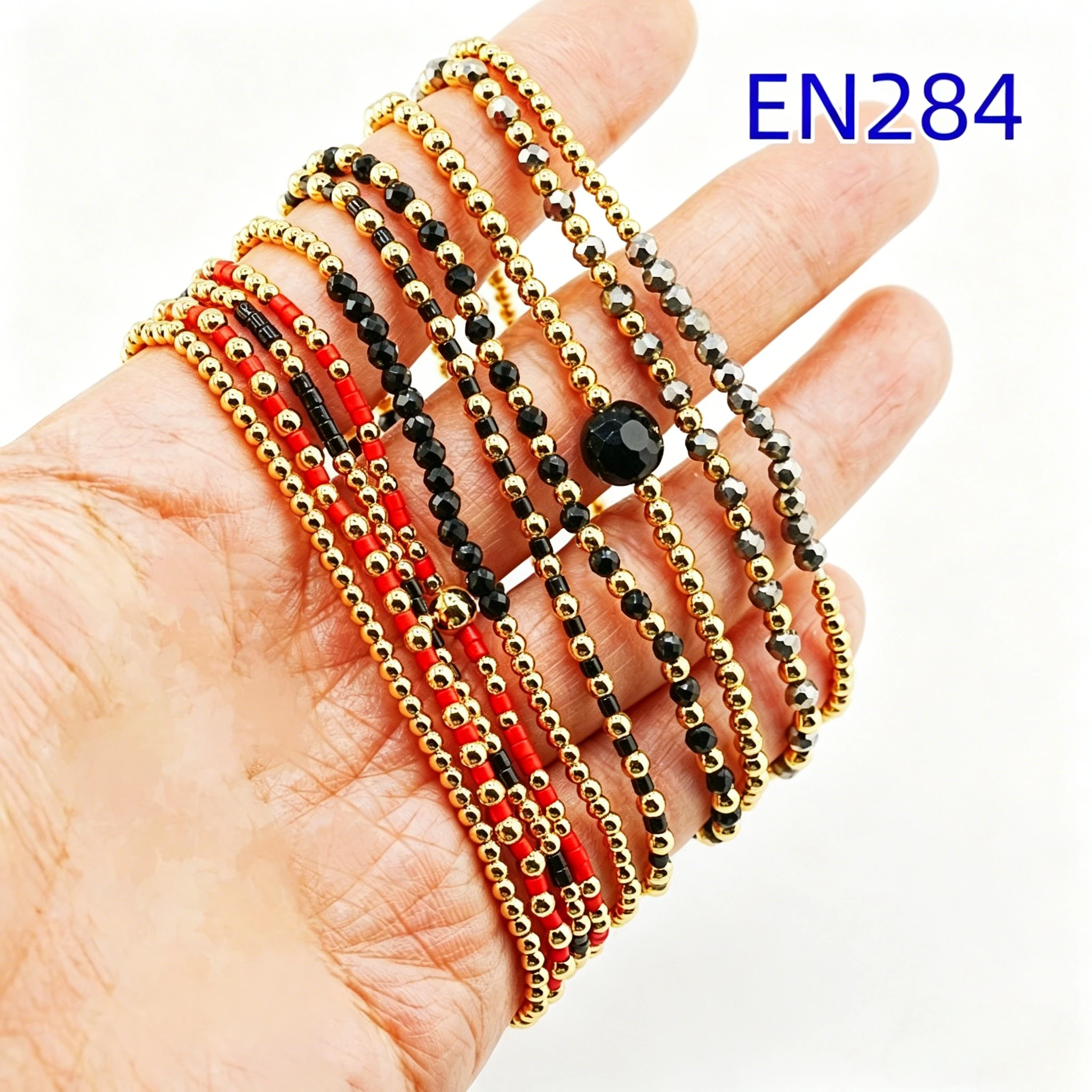 

VKVVA Multicolor Black Red Gold-plated Beaded Stretch Bracelet Set, Bohemian Stackable Elastic Chain Jewelry with Round Charm