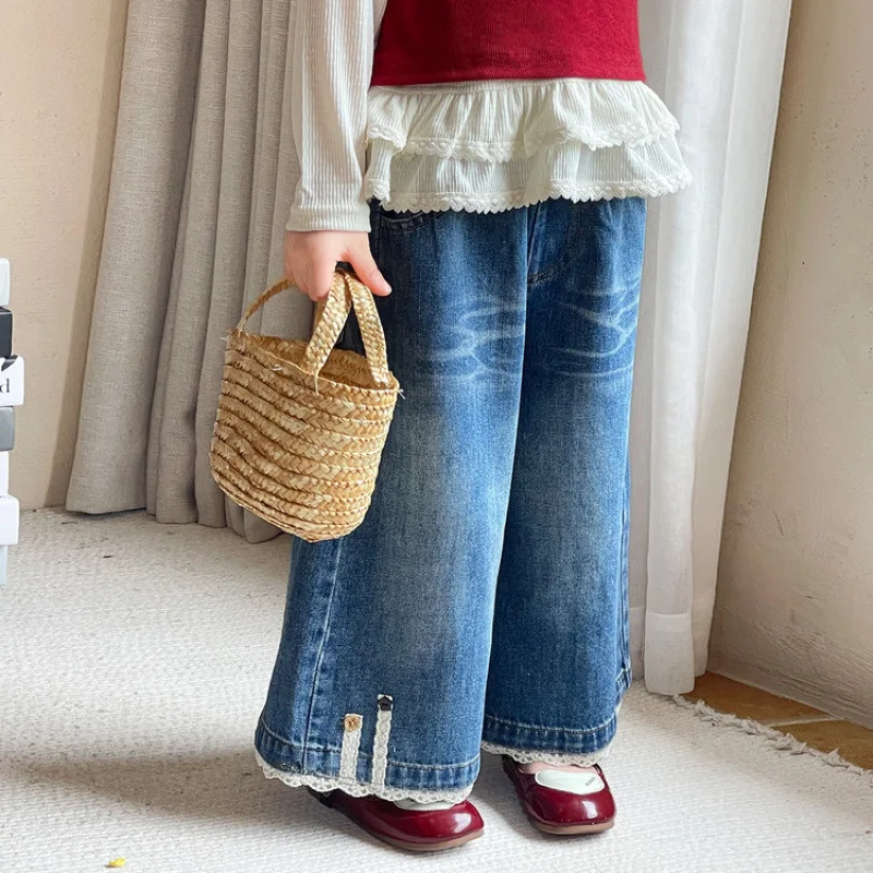 Girls' Pants 2026 Spring New Children's Korean Version of Versatile Fashion Foot Lace Denim Wide-leg Pants Versatile