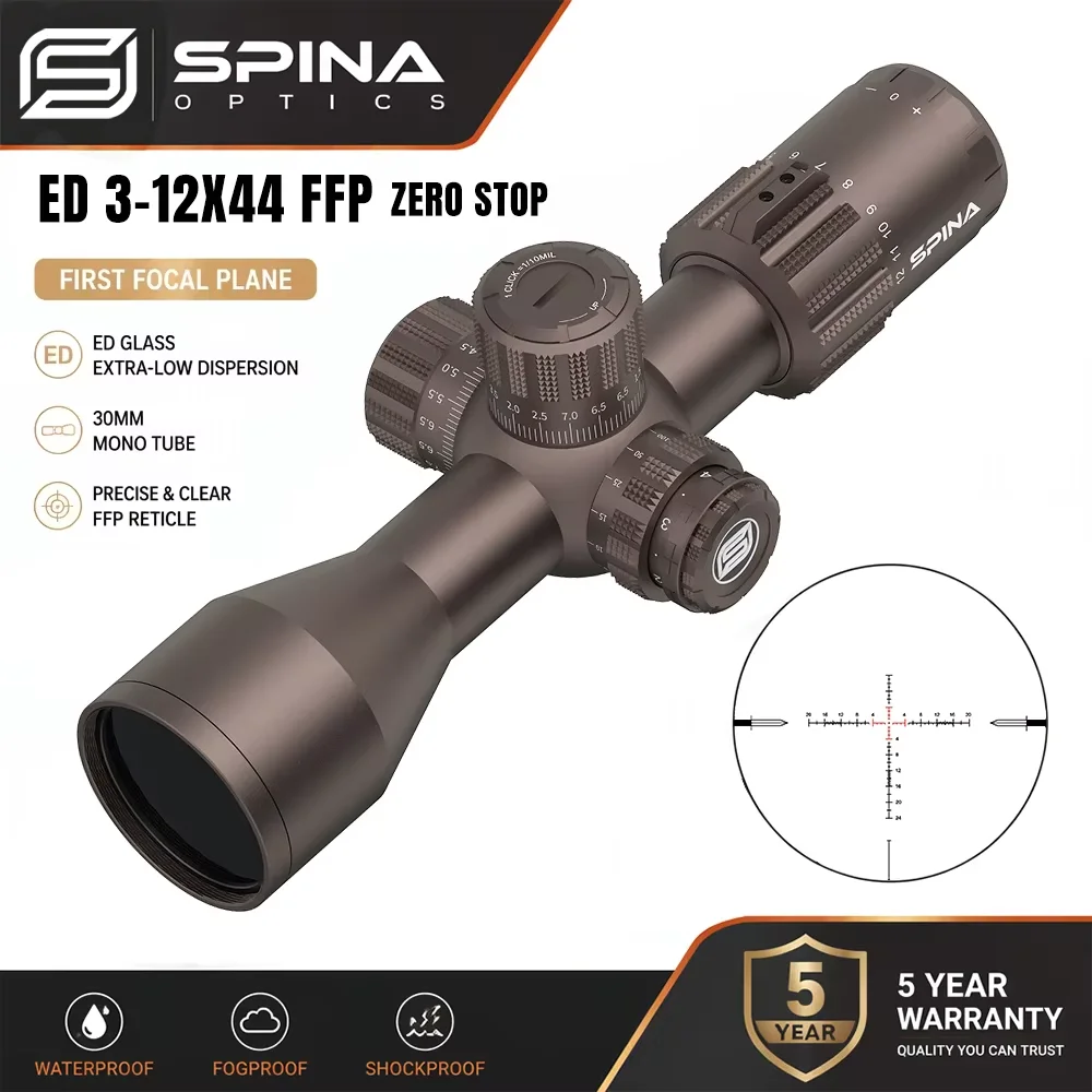 SPINA OPTICS Riptide GEN II ED 3-12x44 FFP w Zero Stop-MIL Turrets, Bronze Color First Focal Plane Compact Hunting Scope Sight