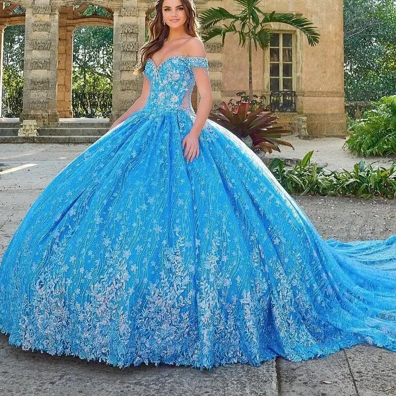 

Mexican Sky Blue Quinceanera Dresses Ball Gown Beaded Lace Appliques Flower Tull Sweet 16 Dress Princess Lace Up Vestido De 15