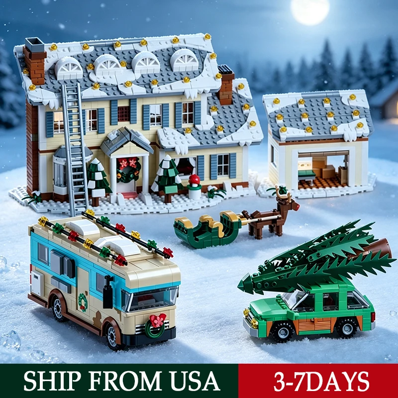 1950+PCS Classic Movie Christmas Vacation House Building Block Kit Winter Snow Village Model With RV Garage & Reindeer Sleigh, Xmas Decor Gift for Adult Kids