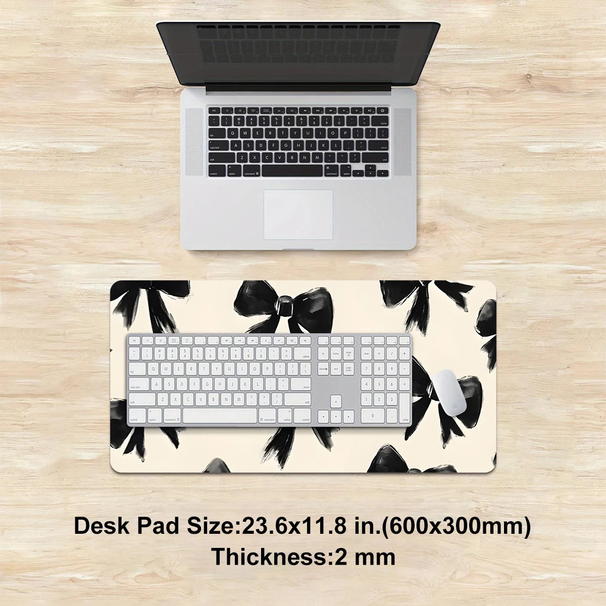 Tappetino per mouse chic con motivo fiocco nero da 1 pezzo: superficie in tessuto liscio e durevole antiscivolo |   Elegante arredamento da scrivania alla moda per l'ufficio e la casa