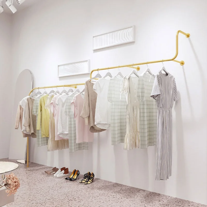 custom，Custom Gold Metal Retail Clothing Display Racks Wall Mounted Hanging Rails for Garment Boutique