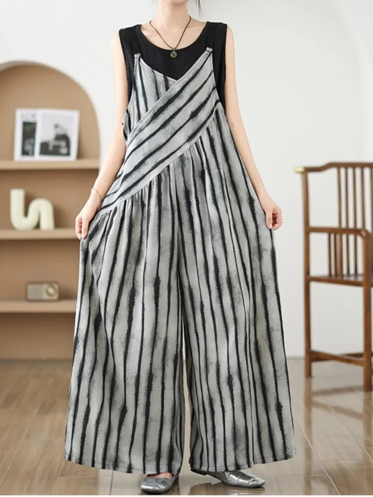 Oversized Summer V-Neck Slip Jumpsuit Women Striped Print Fashion Ladies Jumpsuits Casual Loose Wide Leg Pleated Woman Jumpsuits