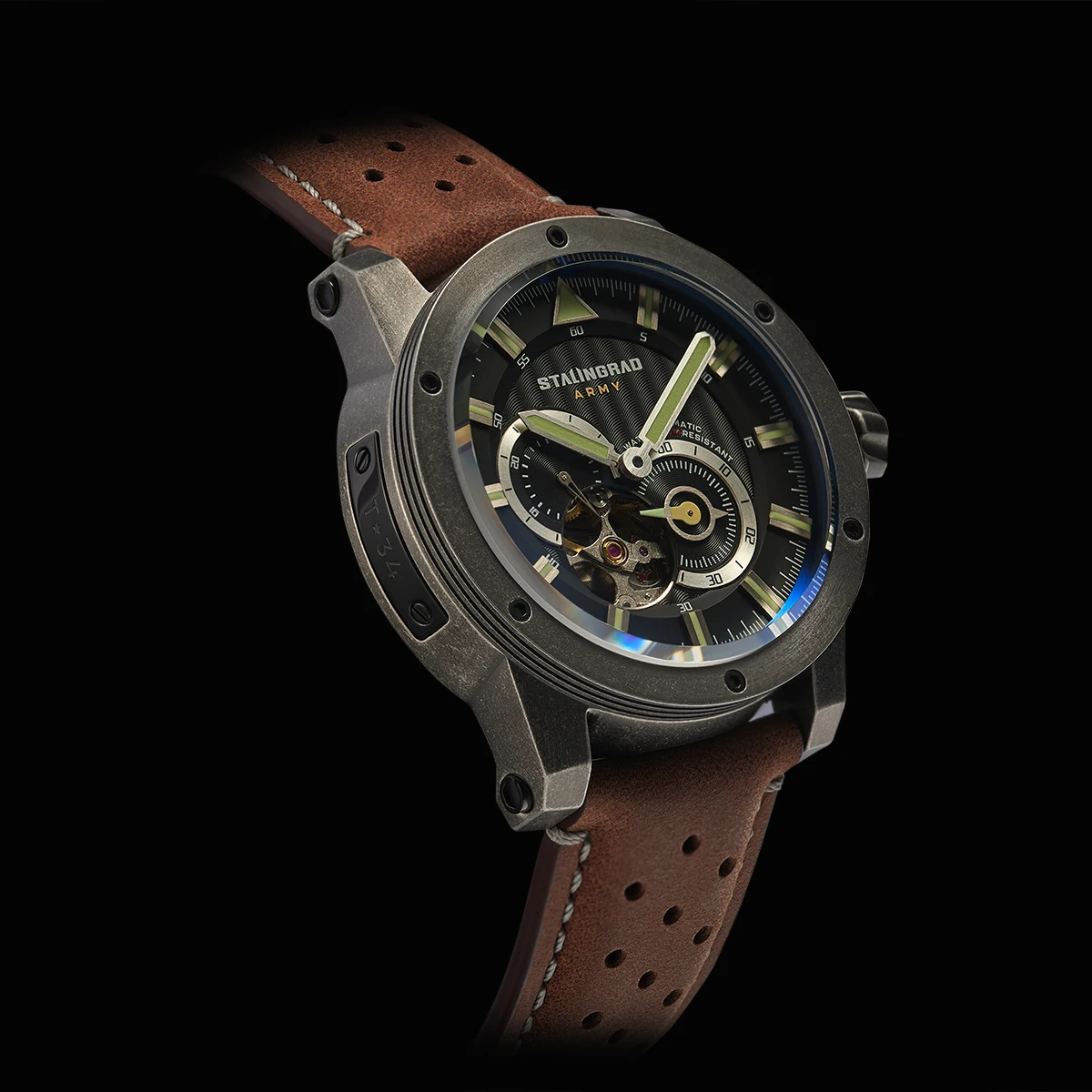 Stalingrad Outdoor Adventure Herrenuhr mit Tourbillon-Uhrwerk, Saphirglas, 316L-Stahl, 100 m wasserdicht, stilvolle Waffenfarbe