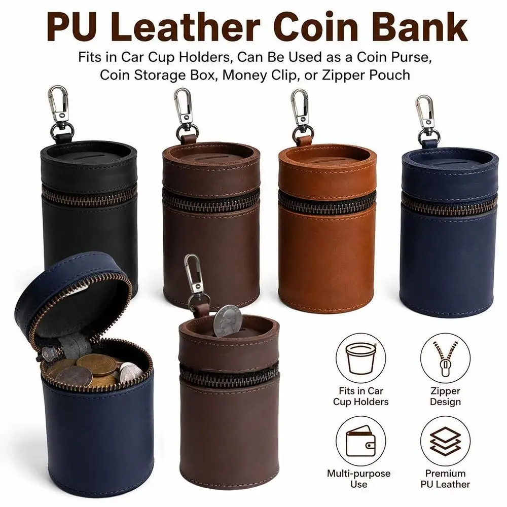 PU Leather Coin Bank Zipper Closure Round Cylinder Shape Coin Storage Pouch Coin Slot Vintage Style Keychain Coin Holder