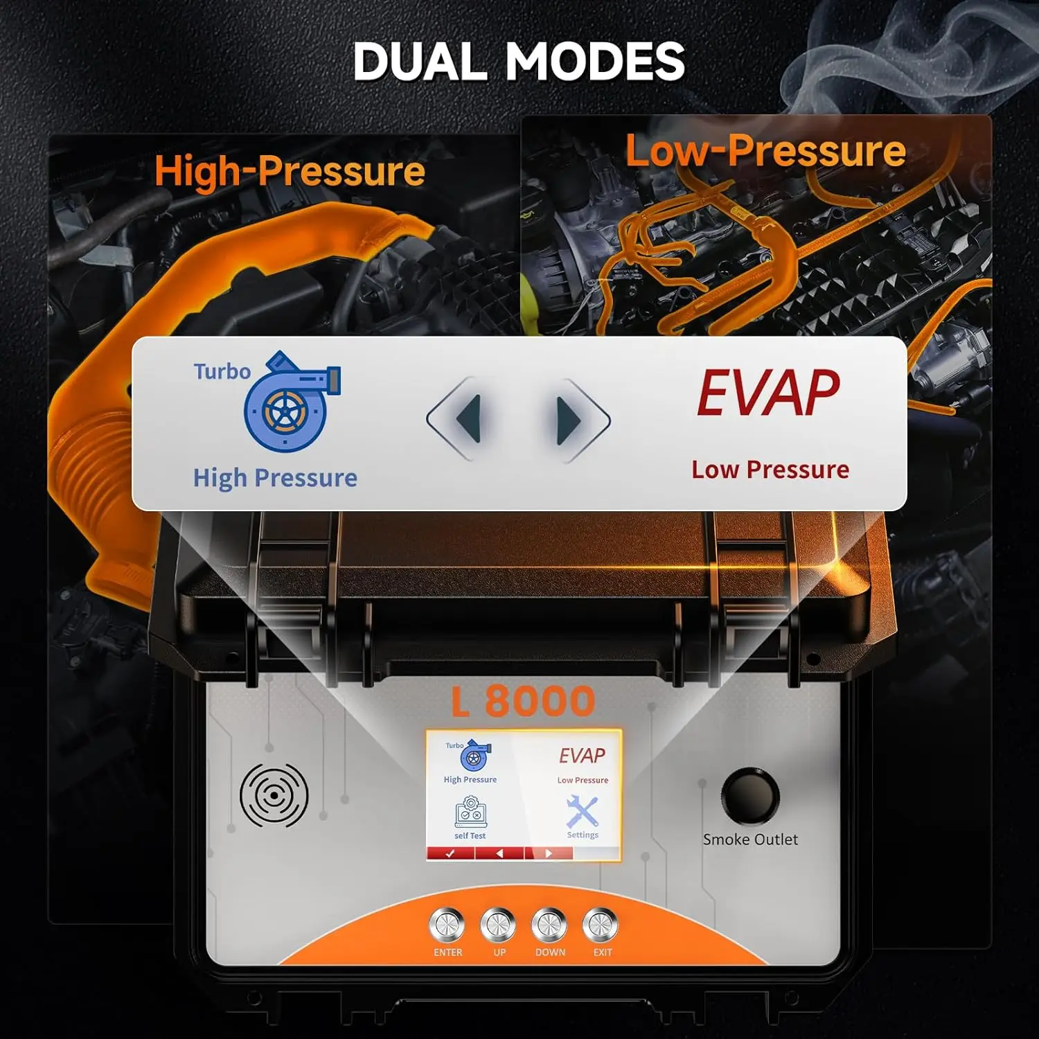 

Automotive Smoke Machine Dual Mode Diagnostic Leak Tester for EVAP Turbo Systems Built in Air Pump Color LCD ANCEL L8000