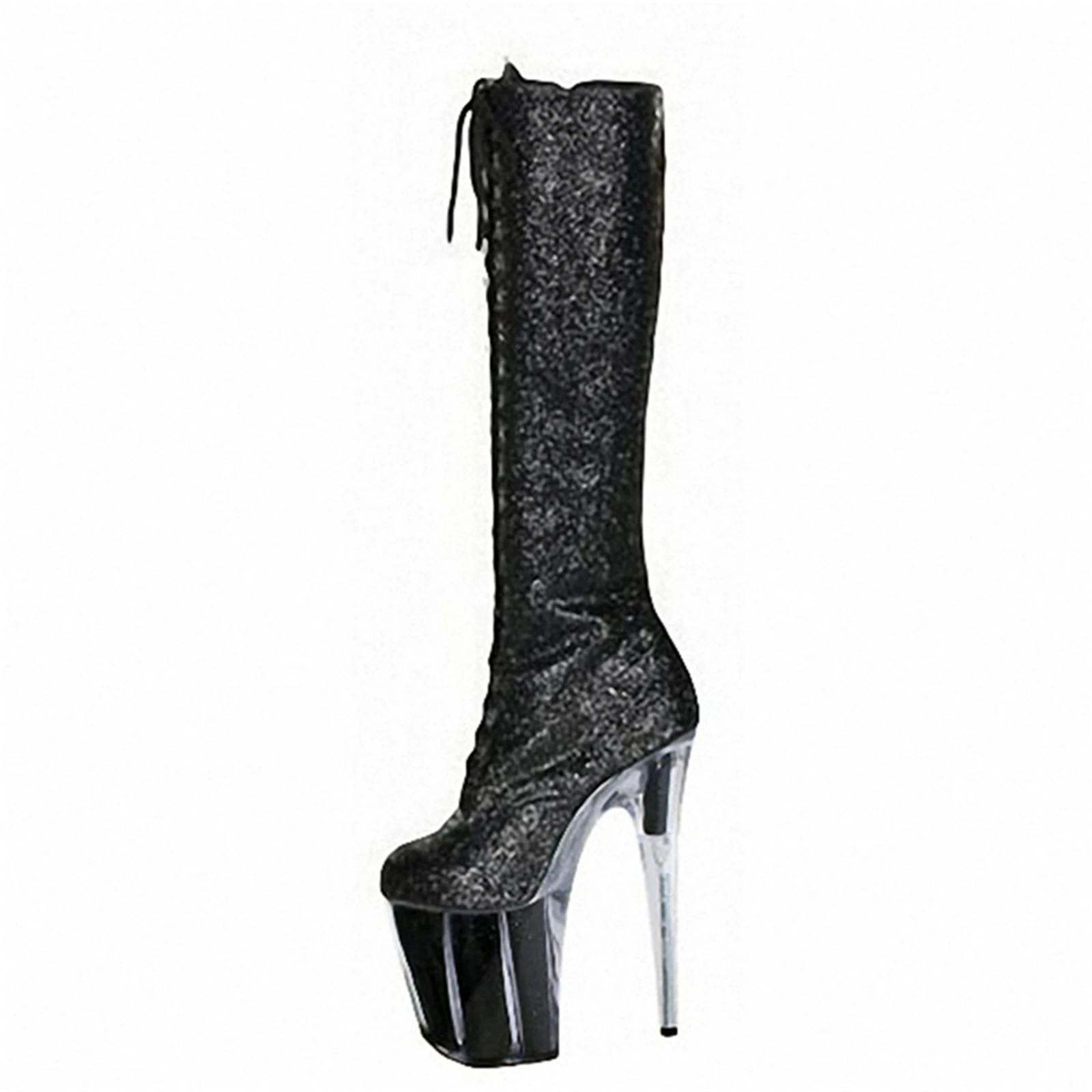 

20CM Extreme Heel Thigh Boots Black, Patent Leather Lace-Up Platform Boots with Clear Chunky Sole, Crossover Sporty Fetis