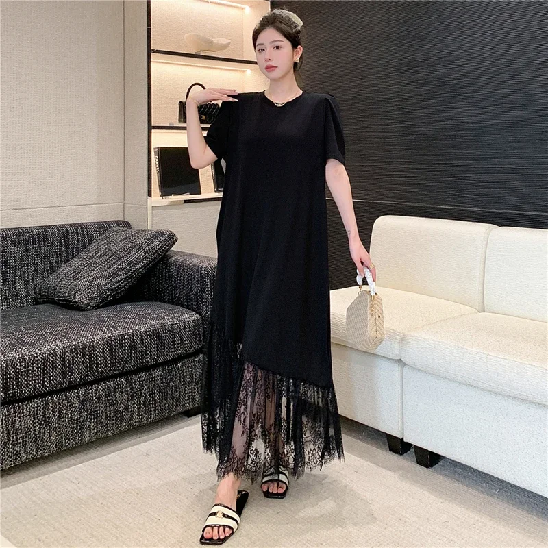 

2024 Summer New Korea Woman Dress Vestidos Robe Elbise Loose Plus Size Patchwork Lace Hem Solid Short Sleeve Long Dresses