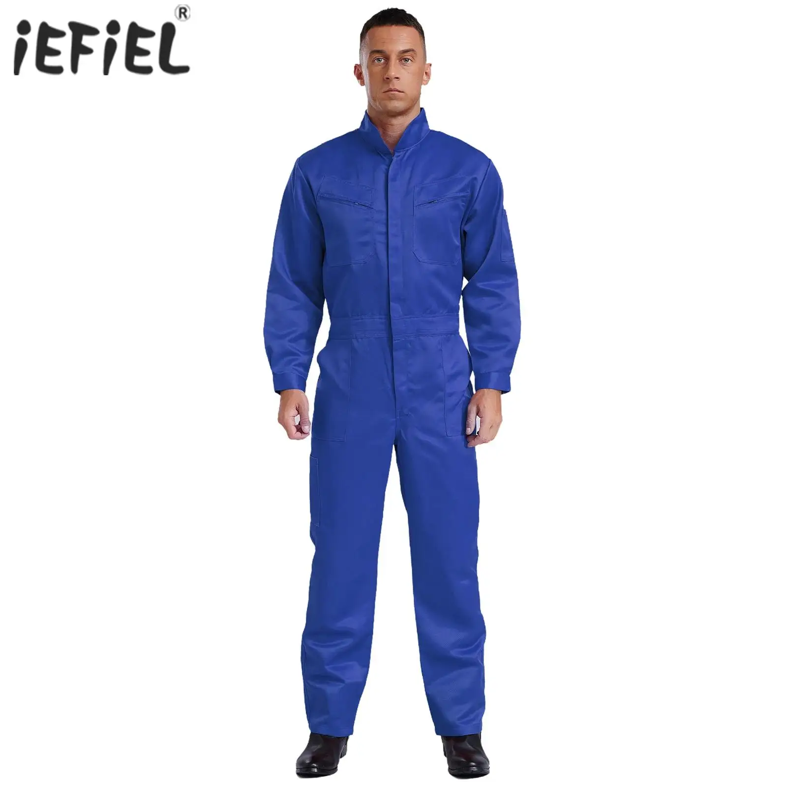 Mens 100% Cotton Overalls Bodysuit Stand Collar Long Sleeve Front Zip Multiple Pockets Work Coveralls Jumpsuit Workshop Uniforms