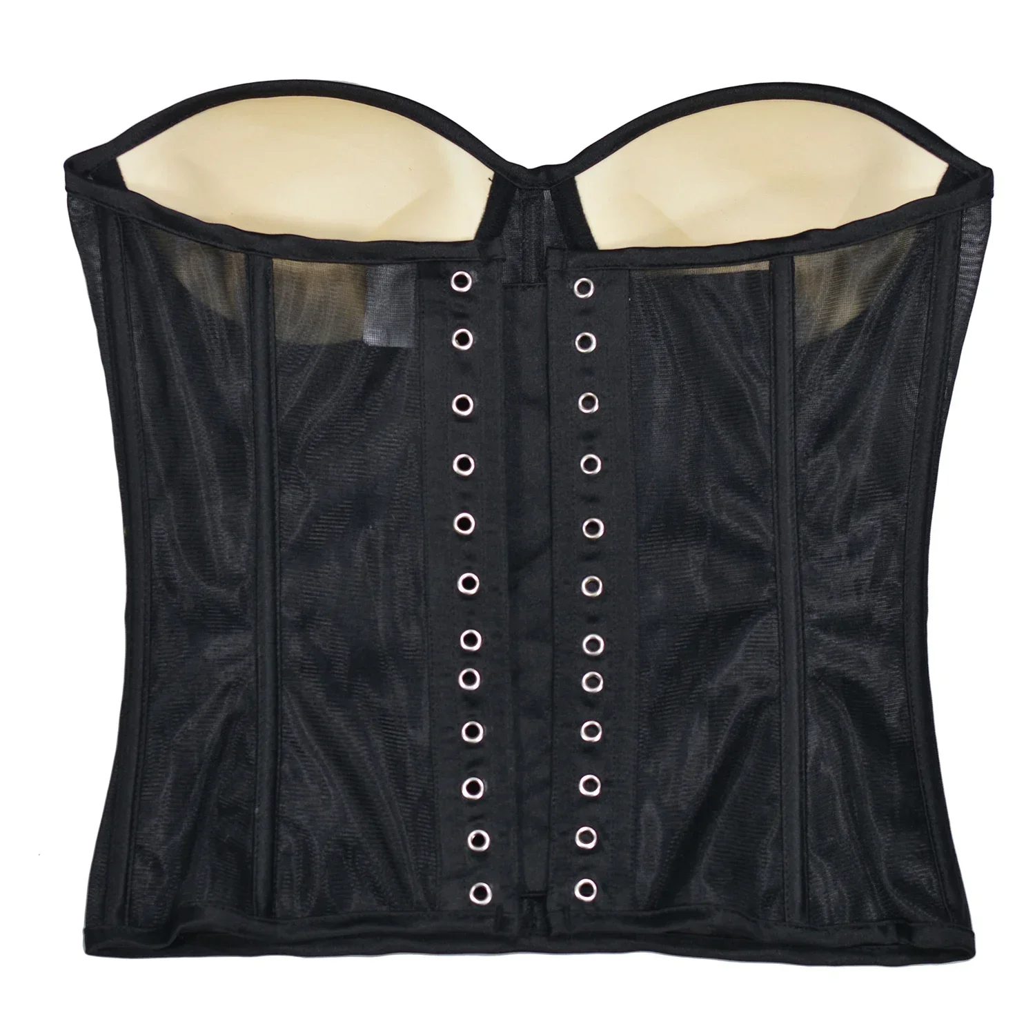 Abdominal Corset Double Layer Transparent Mesh Breathable Bustiers With Bra Lace Up Bones Bodices Beige Corselet