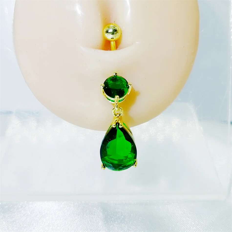 Elegant Green Water Drop Zircon Belly Button Ring Luxury Women Body Jewelry 14G Surgical Steel Navel Piercing Bar Sexy Accessory