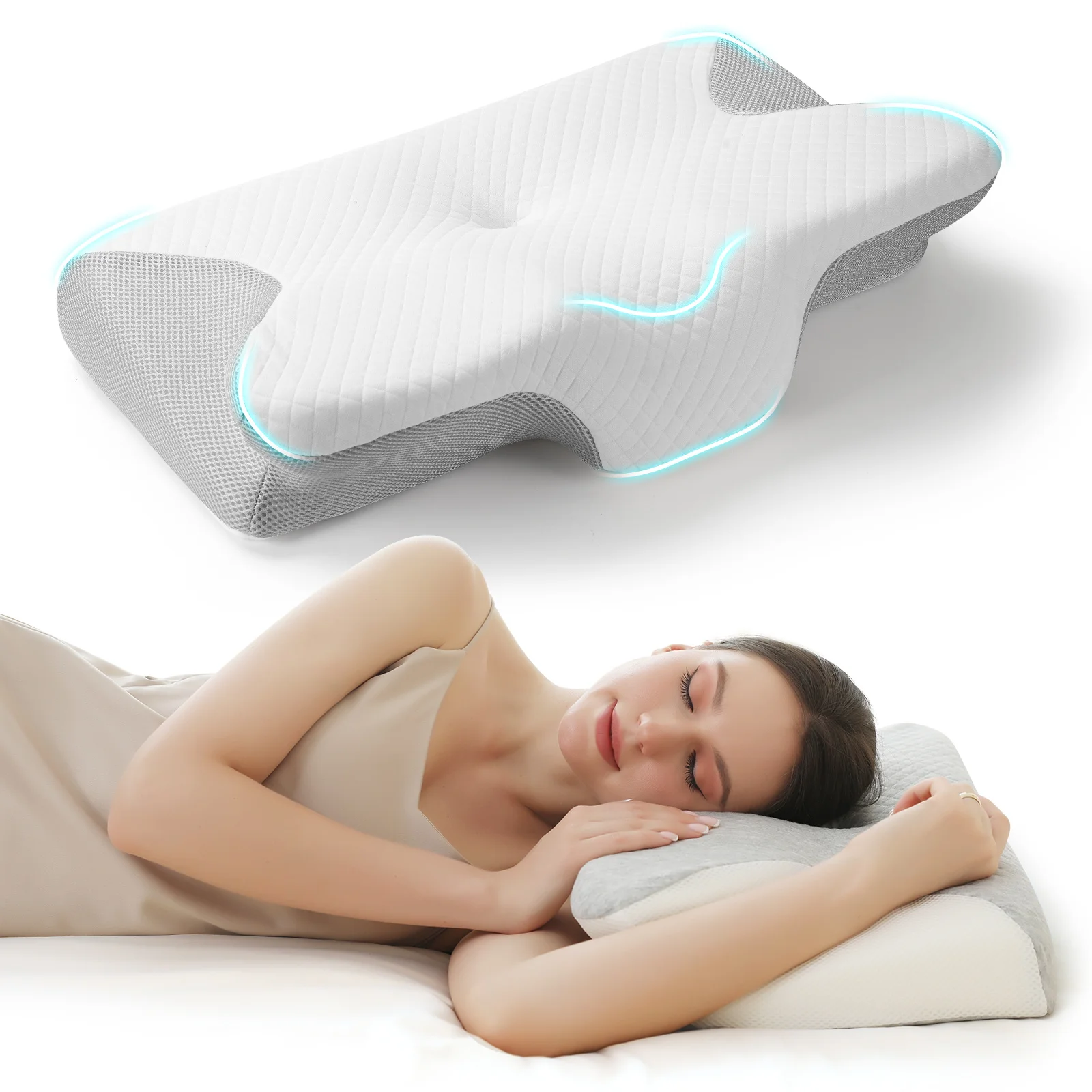 Almohada de espuma viscoelástica Butterfly con soporte contorneado para el cuello, para alivio del dolor, cómoda para dormir boca abajo, de lado y de espalda