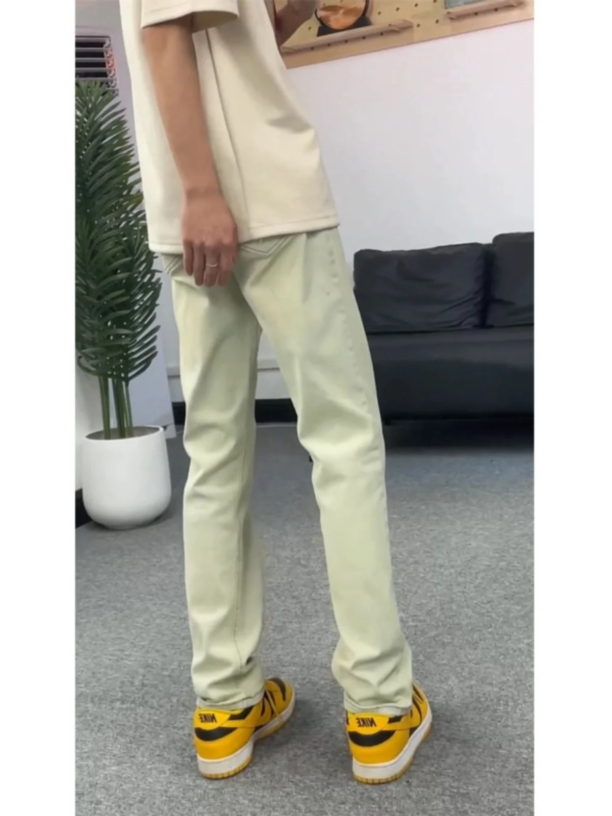 

Cleanfit Yellow Mud Color Elastic Denim Jeans Men's Summer American Retro Sle High Street Slim Fit Cuffed Pants