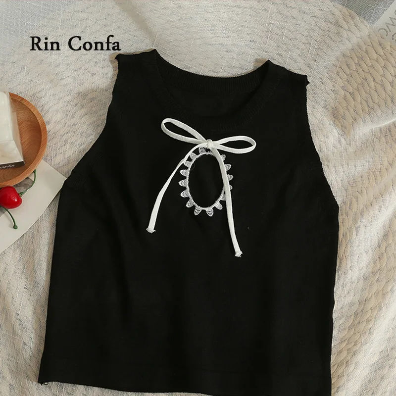 

Rin Confa Summer Bowknot Frenulum Hollow Out Crop Tops New Style Short Top Women Thin Sexy Backless Knitting Small Vest