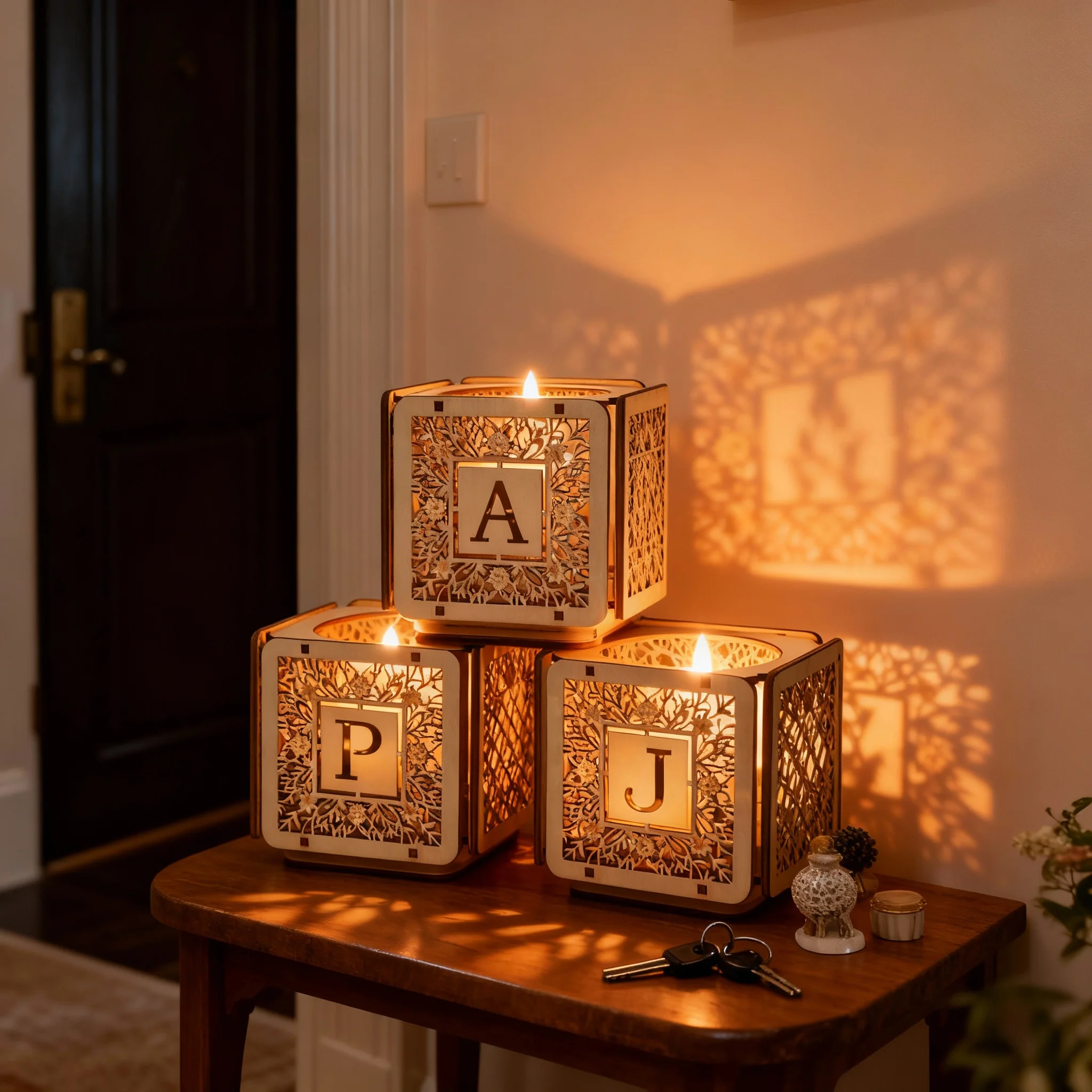 Custom Monogram Cube Lantern - Personalized Wooden Candle Holder for Weddings, Anniversaries & Parties. A Unique, Elegant Table