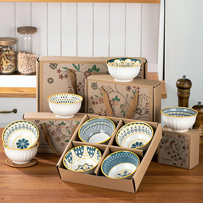 

Ceramic Bowl Bohemian Style Set Kitchen Noodle Bowl Hand-painted Tableware Set Microwave Safe Gift Box Dishes