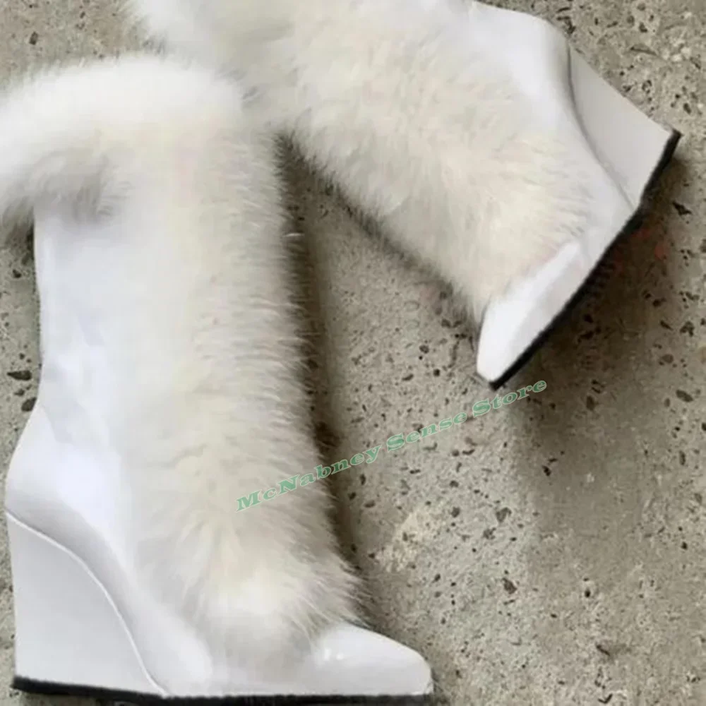Suede Pointed Toe Boots Wedges High Heels Solid Fur Lace Up Straps Mid Calf Boots Women Winter Shoes Warm Big Size Designer New