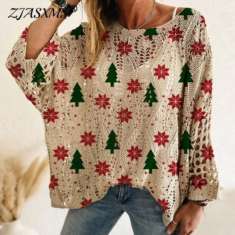 

Santa Claus Snowman Print Christmas Clothing Woman Sexy O Neck Hollow Pullover Sweater Fall Batwing Sleeve Loose Knitted Blouses