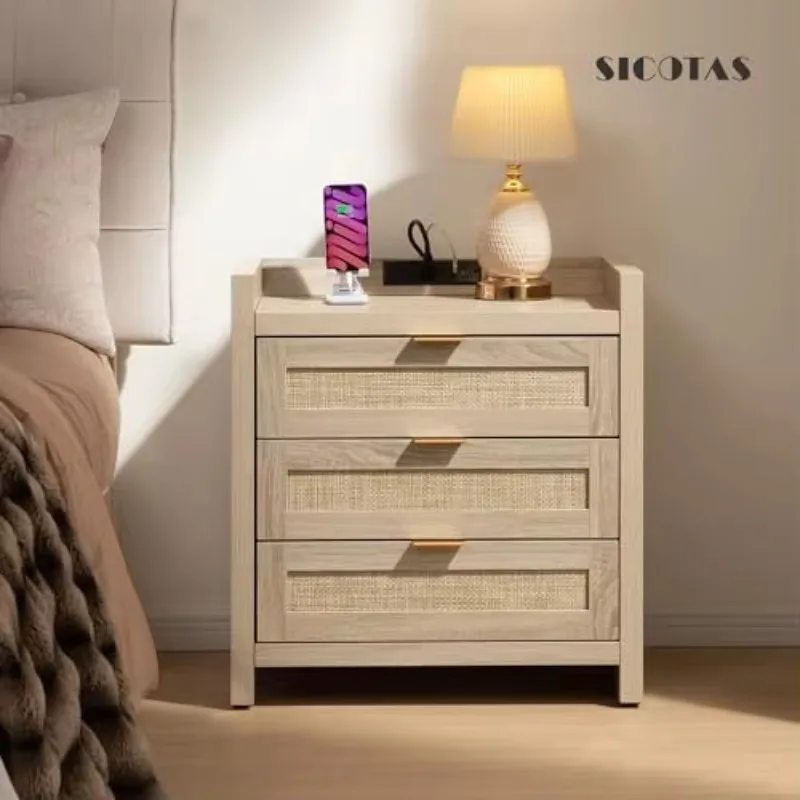 Rattan Nightstands Set of 2, Tall Bedside Table with 3 Drawers | Farmhouse Boho Night Stand with Type-C Charging