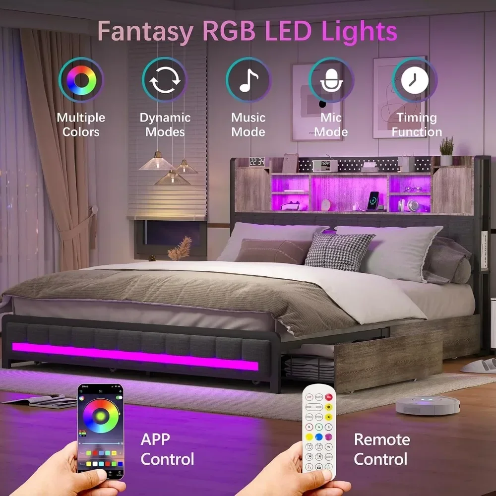 Bed Frame with 4 Storage Drawers and Bookcase Headboard, Upholstered LED Bed Frame