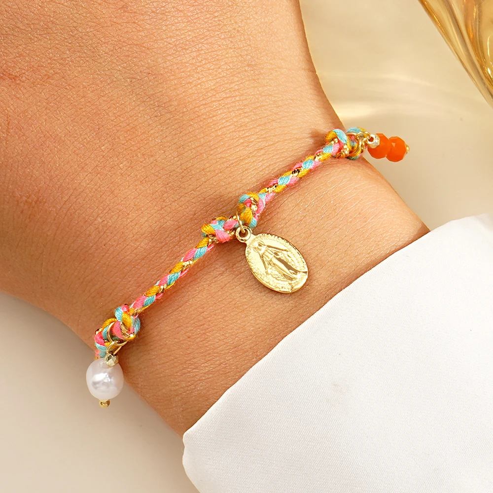1 PC New Boho Multicolor Braided Rope Bracelet with Virgin Mary Pearl Charm Adjustable Handmade Women’s Jewelry Gifts