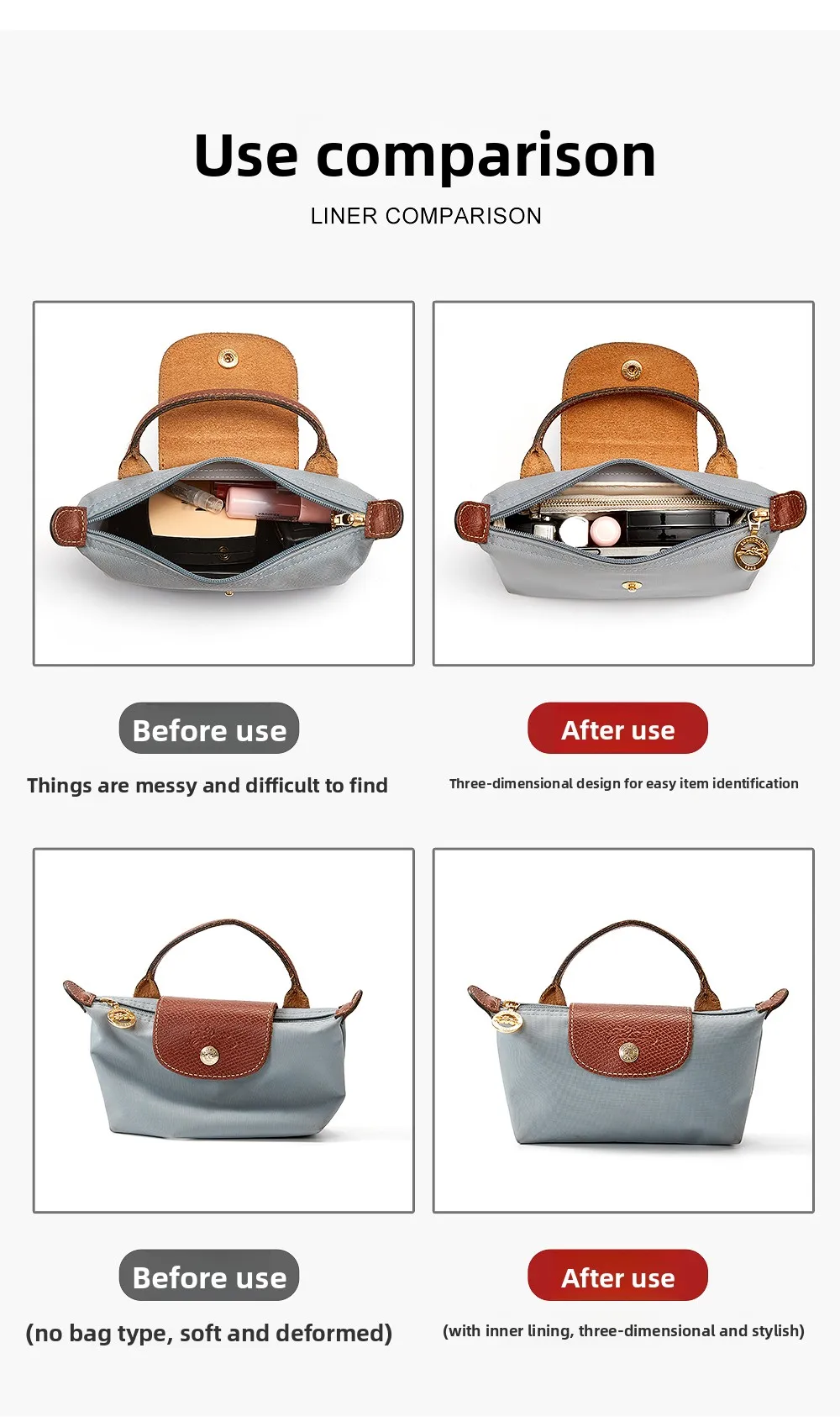 Bag Organizer Insert For The Longchamp Inner Liner Mini Pouch Handbag Inner Orderly Neat Nylon Support Bag Insert Accessories