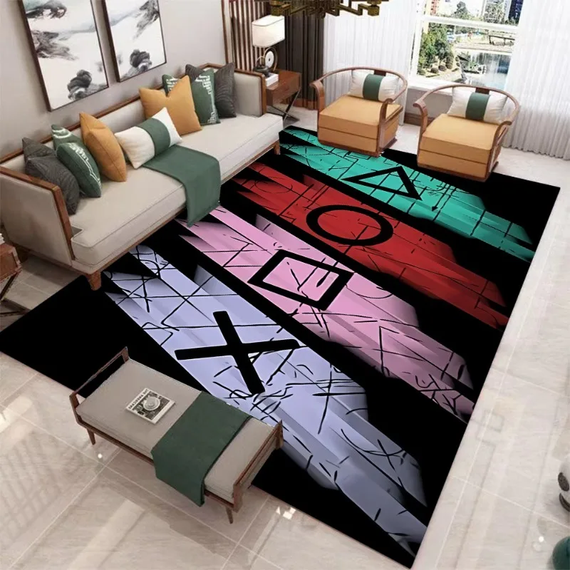Cyber Game Theme Living Room Rug Geometric Neon Futuristic Gamer Home Decor Carpet Soft Non-Slip Floor Mat for Gaming Zone