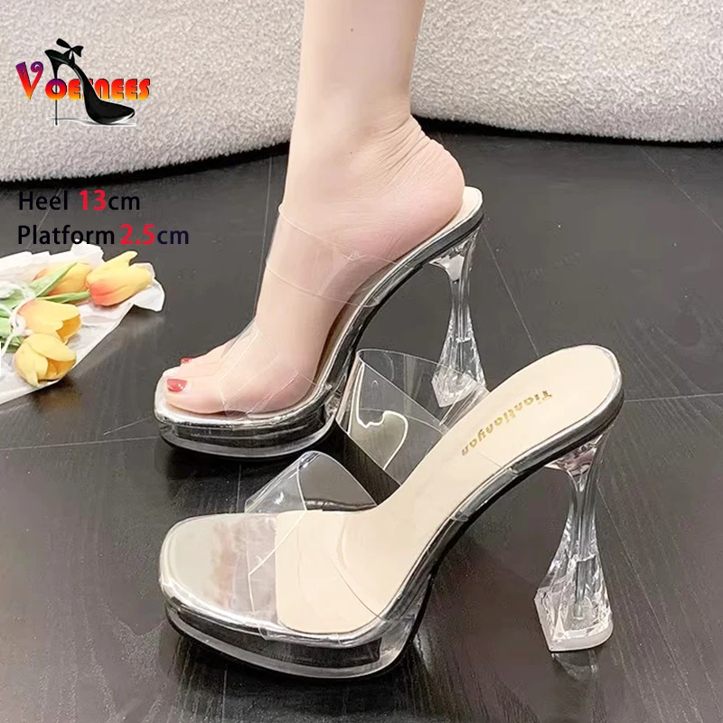 2025 جديد شفاف بولي كلوريد الفينيل واضح كعب النعال المرأة ساحة تو 10 سنتيمتر 13 سنتيمتر عالية الكعب البغال الصيف الانزلاق على الصنادل أحذية السيدات
