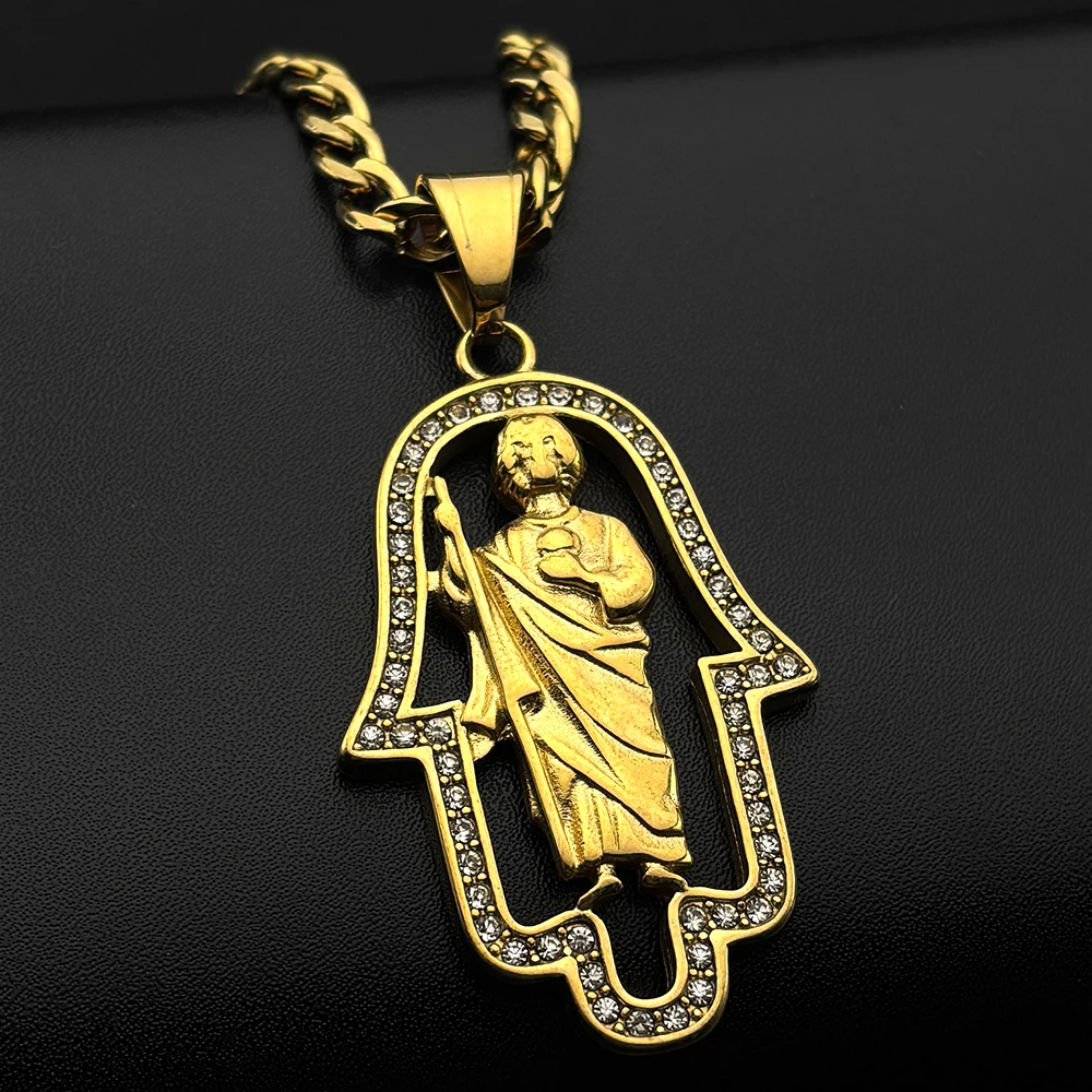 Fatima Hand San Judas Tadeo Rinestones Pendant Necklace for Women Men Stainless Steel Chain Christian Amulet Jewelry Gift