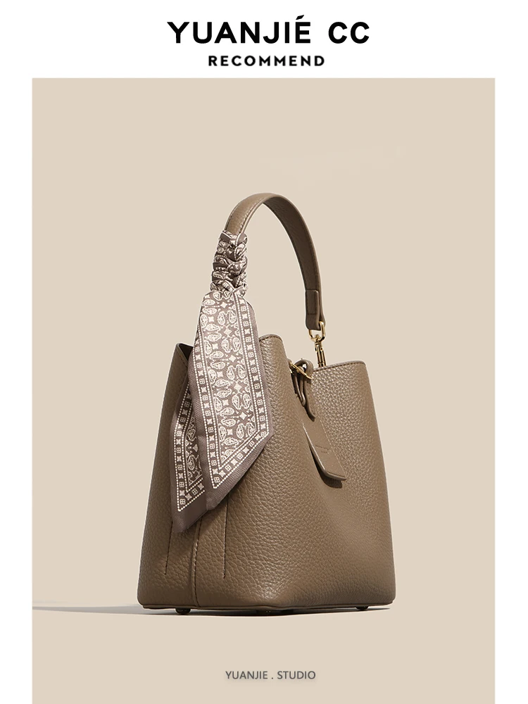Leather Bucket Bag Women's Commuter Single Shoulder Handheld Crossbody Bag Fashionable Soft Cowhide New 2024 Spring Season