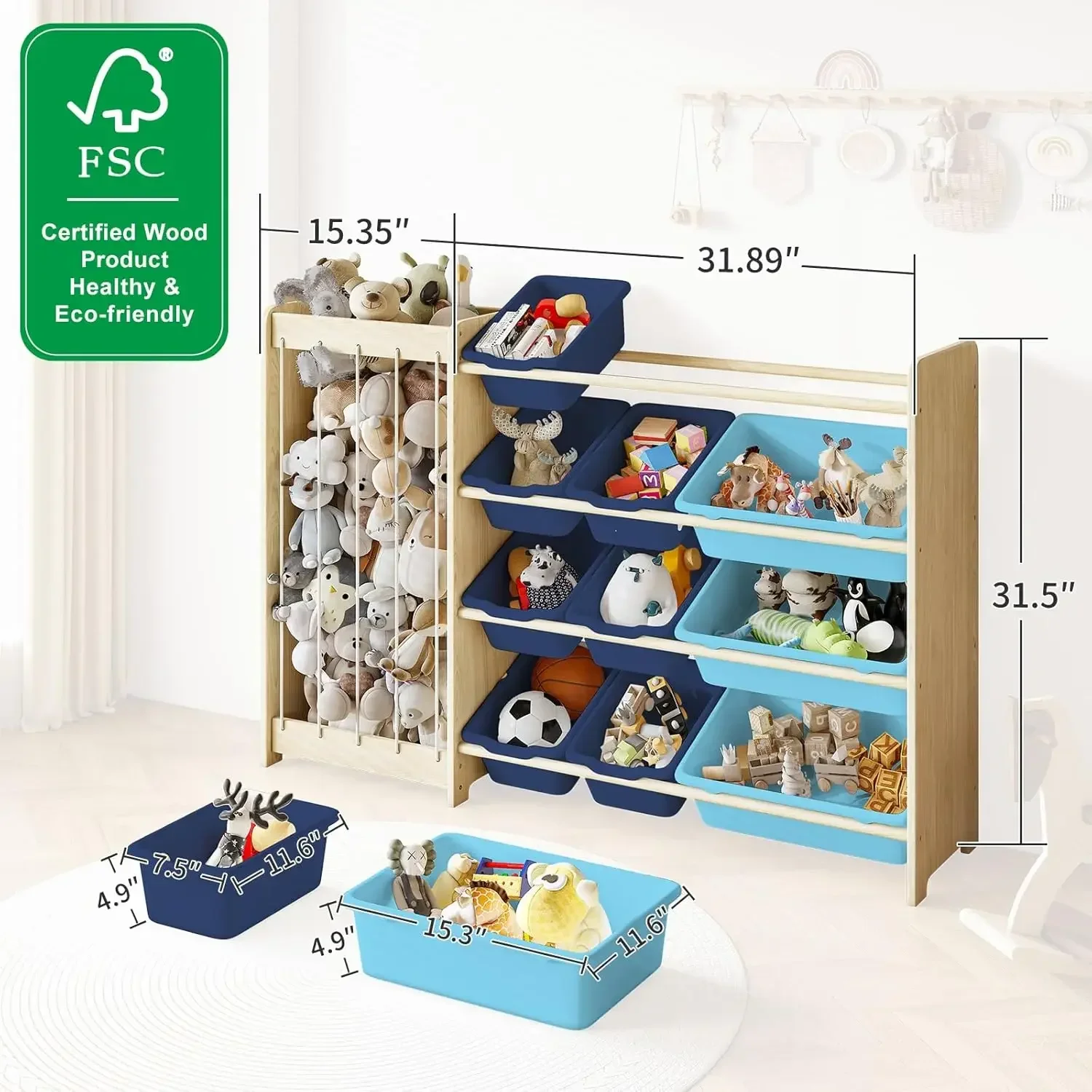 Blue Toy Storage Organizer 2 In 1 Stuffed Animal Storage Wood Rack With Bins Elastic Ropes For Playroom Nursery Bedroom