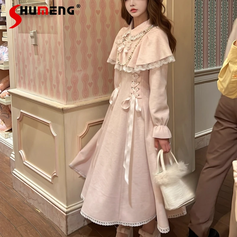 

New Winter Rojita Clear Style Woolen Coat Thickened Dress Pink Turn-down Collar Lace-up Long-sleeves Slimming Vestidos De Mujer