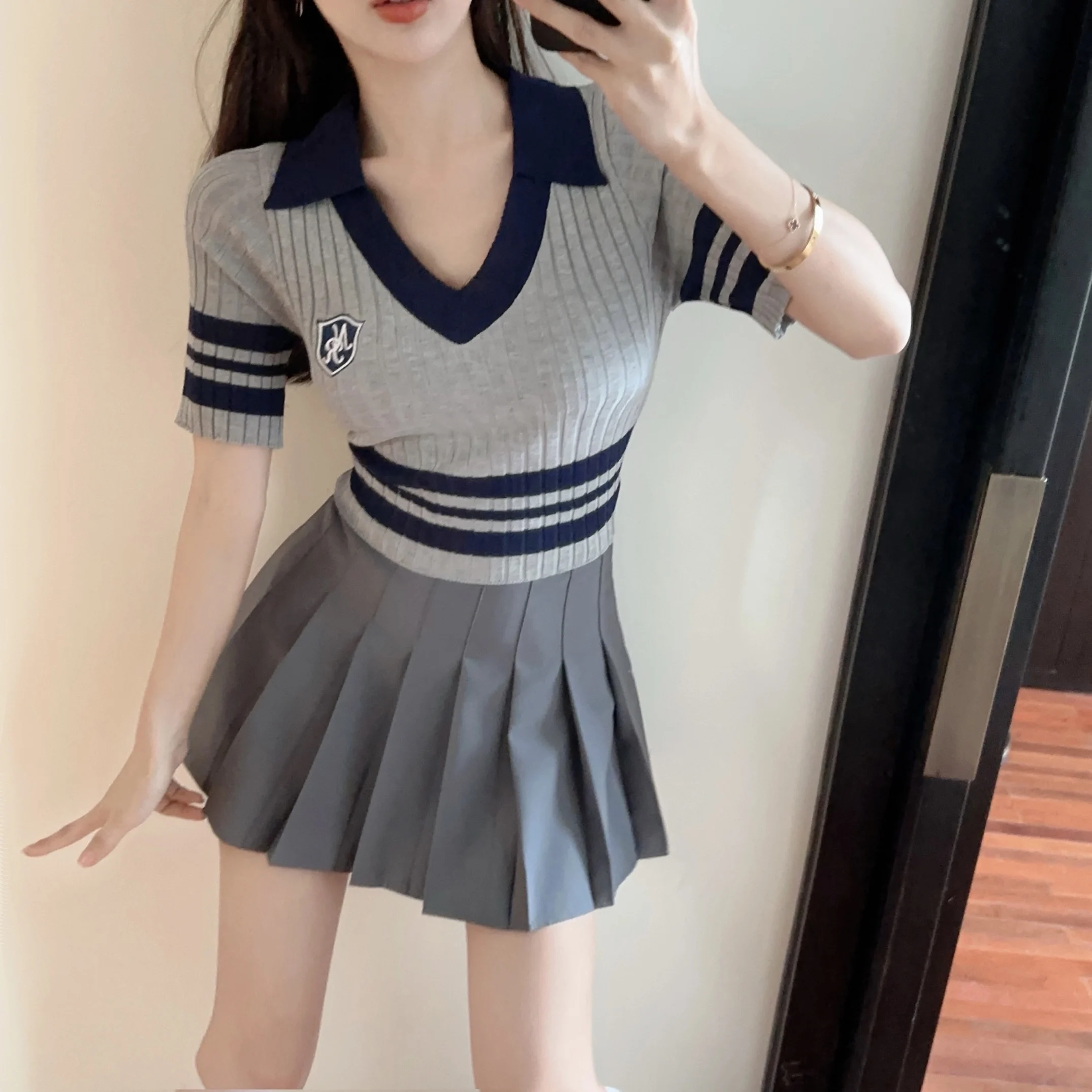 GAODINGLAN Polo V Neck Knitted T-shirt Women Short Sleeve Slim Tight Sexy Crop Tops Summer High Waist Y2k Short Bottom Tees