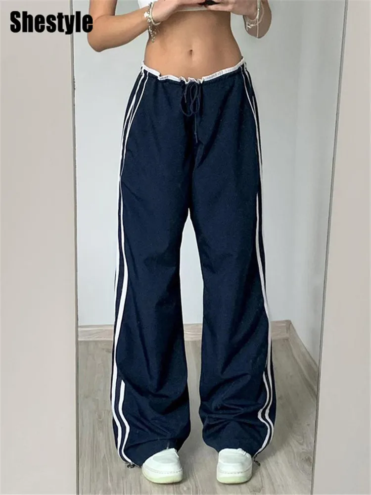 Shestyle Side Striped Straight Pants for Women Streetwear Loose Casual Drawstring Waist Autumn Preppy Style Trousers Jazz Dance